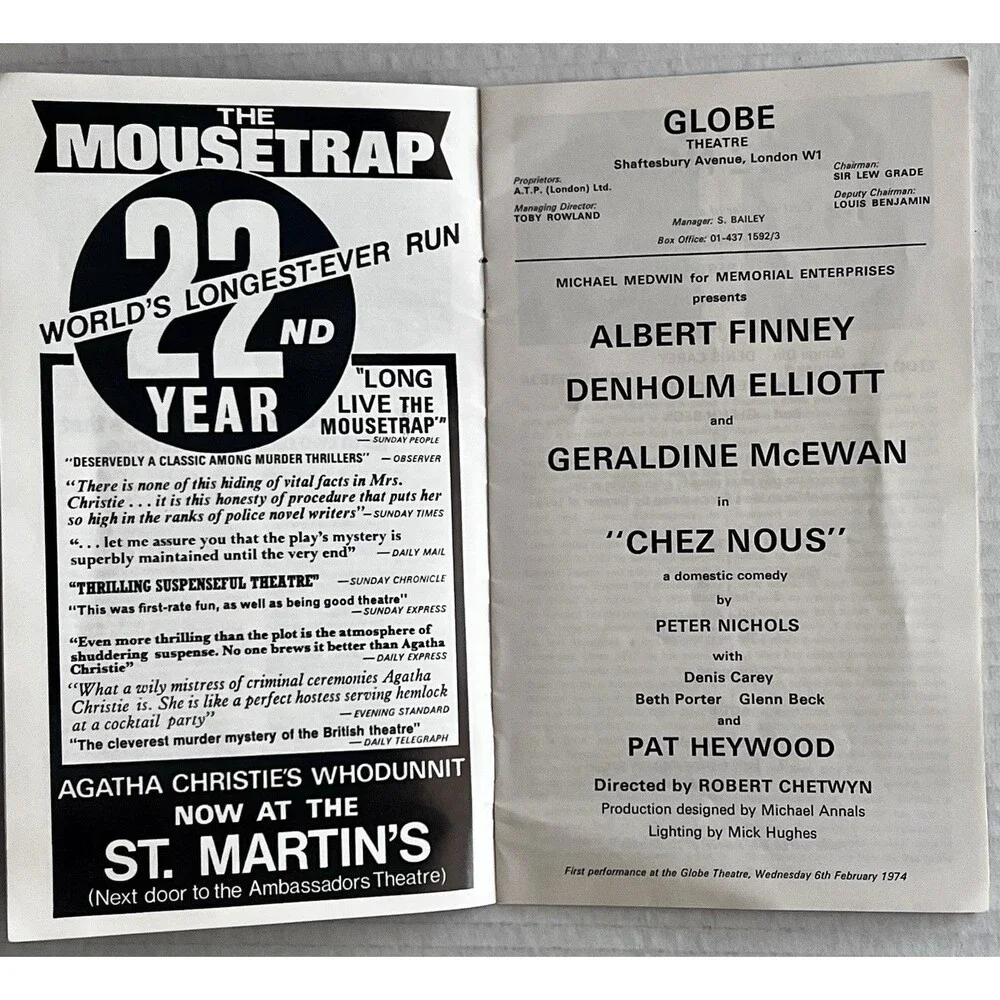 1974 Globe Theatre CHEZ NOUS Programme Albert Finney Denholm Elliott In London